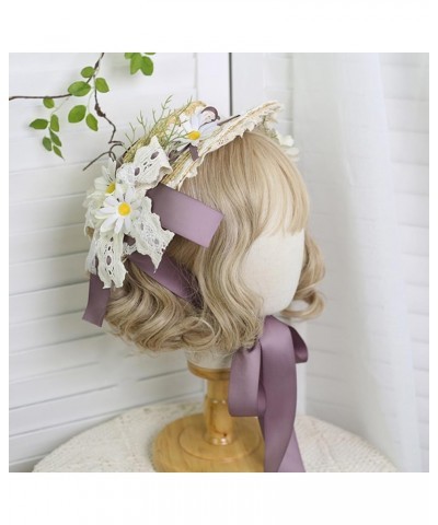 Victorian Hat Tea Party Sun Hat Lace Ribbons Straw Hats Lolita Flowers Straw Hat Beach Hat for Women Purple $19.00 Sun Hats