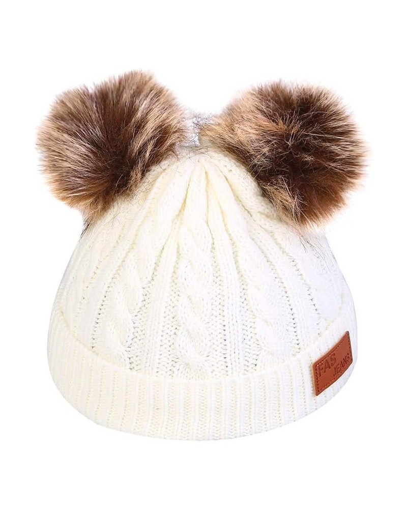 Women Knitted Hat with Double Hairball Winter Cute Caps Warm Hat for Cold Weather White $9.38 Skullies & Beanies