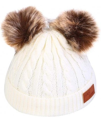 Women Knitted Hat with Double Hairball Winter Cute Caps Warm Hat for Cold Weather White $9.38 Skullies & Beanies