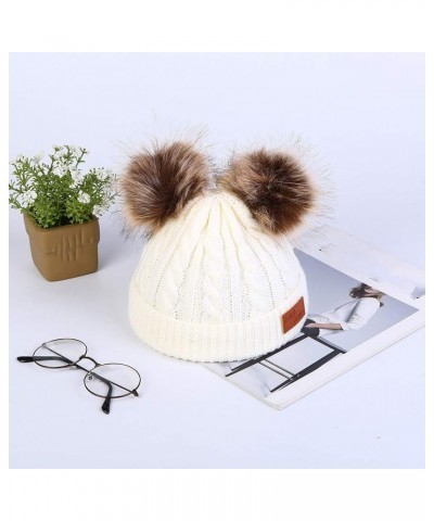 Women Knitted Hat with Double Hairball Winter Cute Caps Warm Hat for Cold Weather White $9.38 Skullies & Beanies