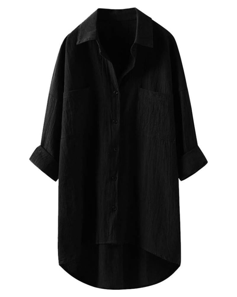 Loose Button Down Blouse Tops Stand Solid Sleeve Long Casual Women Linen Shirt Blouse Shirts for Women Linen Silk 5-black $11...