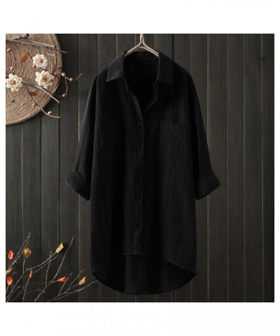 Loose Button Down Blouse Tops Stand Solid Sleeve Long Casual Women Linen Shirt Blouse Shirts for Women Linen Silk 5-black $11...