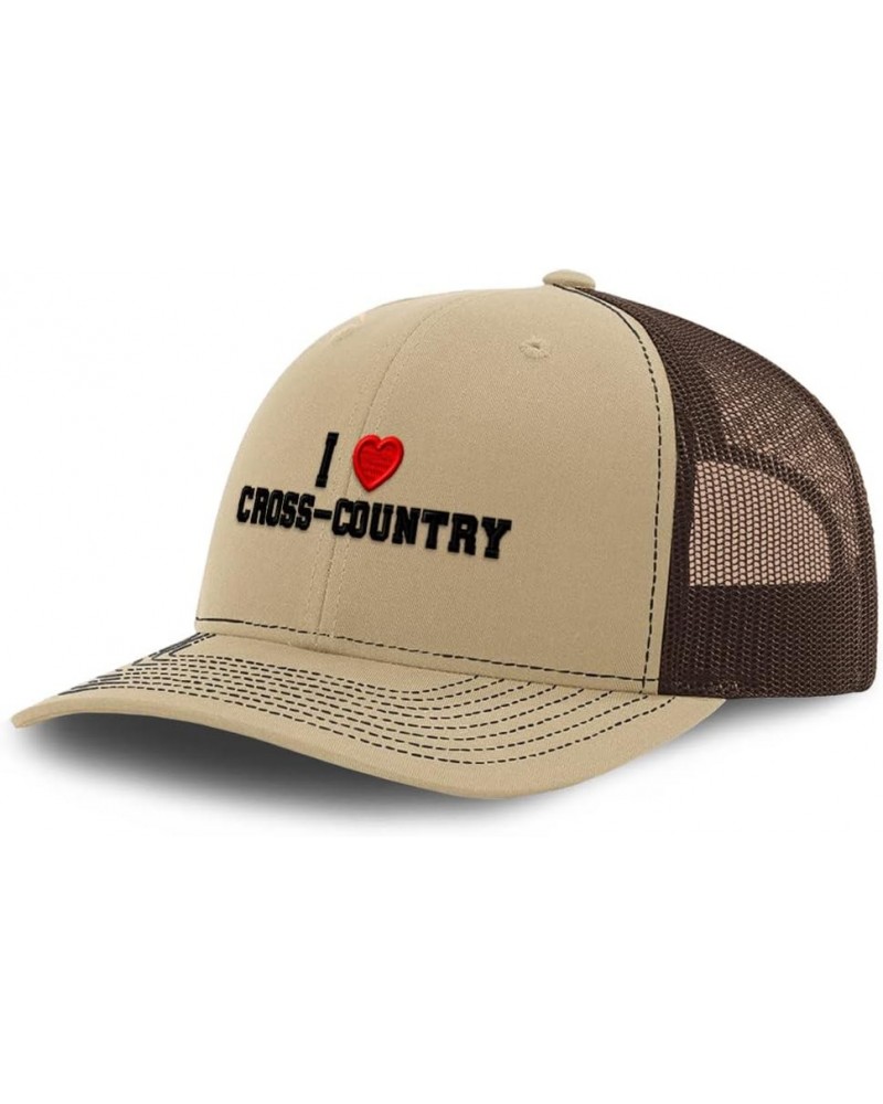 Custom Richardson Trucker Hat I (Love) Cross-Couuntry Red Heart Sports Lovers Khaki Coffee Design Only $14.69 Baseball Caps