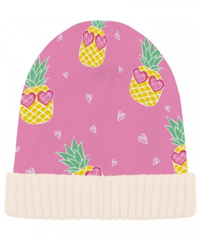 Beanie Hat Slouchy for Women Men Cute Pineapple Pink Print Double Side Wear Skully Cap Knitting Kit Thick Soft Warm for Cold ...