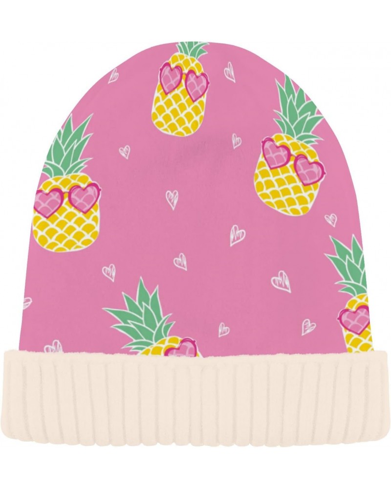 Beanie Hat Slouchy for Women Men Cute Pineapple Pink Print Double Side Wear Skully Cap Knitting Kit Thick Soft Warm for Cold ...