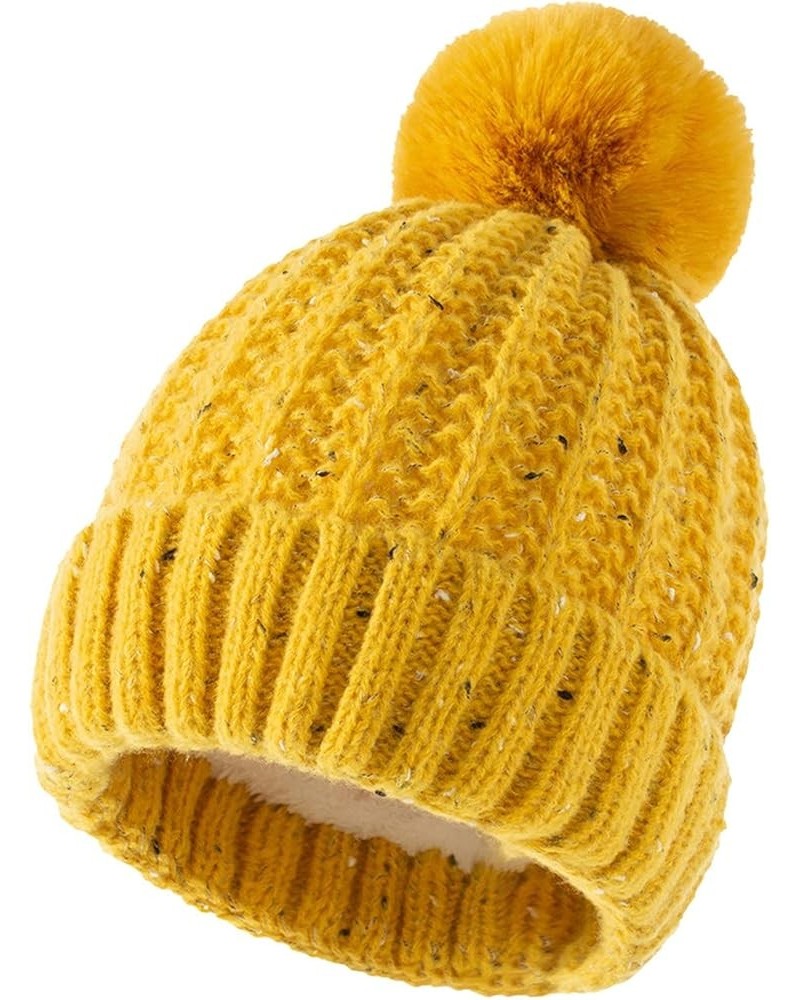 Womens Knit Beanie Hat, Women's Warm Chunky Cable Knit Hats with Faux Fur Pom Warm Knit Skull Cap for Cold Weather A01-yellow...