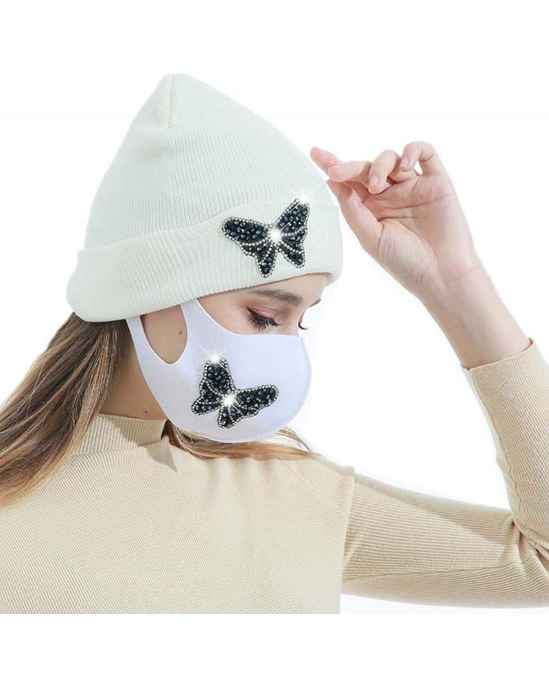 Winter Knitted Beanie Hat with Rhinestones Mask Face Cover Warmer Sets for Women Girls Butterfly-white $8.39 Skullies & Beanies