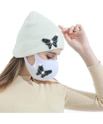 Winter Knitted Beanie Hat with Rhinestones Mask Face Cover Warmer Sets for Women Girls Butterfly-white $8.39 Skullies & Beanies