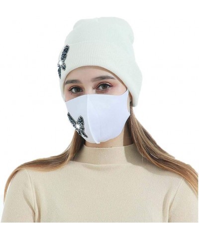 Winter Knitted Beanie Hat with Rhinestones Mask Face Cover Warmer Sets for Women Girls Butterfly-white $8.39 Skullies & Beanies