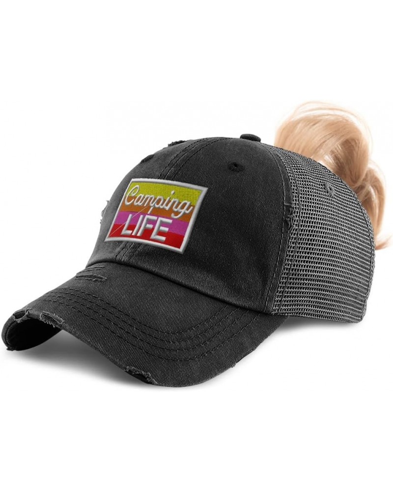 Custom Womens Ponytail Cap Camping Life Practice Hobbie Distressed Trucker Caps Black Design Only $16.73 Baseball Caps