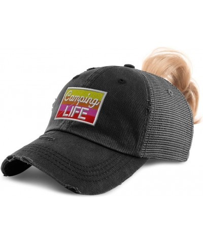 Custom Womens Ponytail Cap Camping Life Practice Hobbie Distressed Trucker Caps Black Design Only $16.73 Baseball Caps