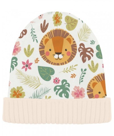 Cute Lion Tropical Plants Knit Beanie Hat Funny Comfortable Warm Fleece Lined Hat for Adults Women Men White $11.87 Skullies ...