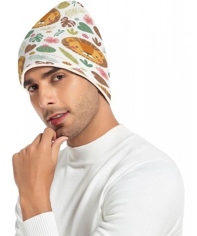 Cute Lion Tropical Plants Knit Beanie Hat Funny Comfortable Warm Fleece Lined Hat for Adults Women Men White $11.87 Skullies ...