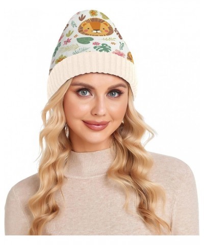 Cute Lion Tropical Plants Knit Beanie Hat Funny Comfortable Warm Fleece Lined Hat for Adults Women Men White $11.87 Skullies ...