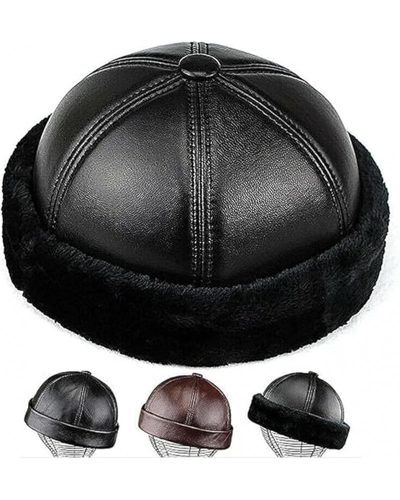 Men Genuine Leather Skullcap,Sailor Cap Hat,Retro Rolled Cuff Brimless Cap Black Cashmere L $17.79 Newsboy Caps