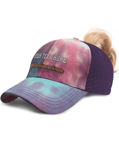 Custom Womens Ponytail Cap Veterinarian Medical Cotton Veterinary Distressed Trucker Hat Tie Dye Purple Personalized Text Her...