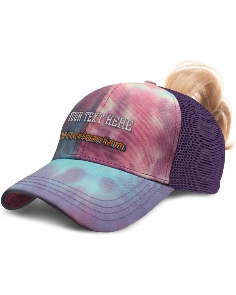 Custom Womens Ponytail Cap Veterinarian Medical Cotton Veterinary Distressed Trucker Hat Tie Dye Purple Personalized Text Her...