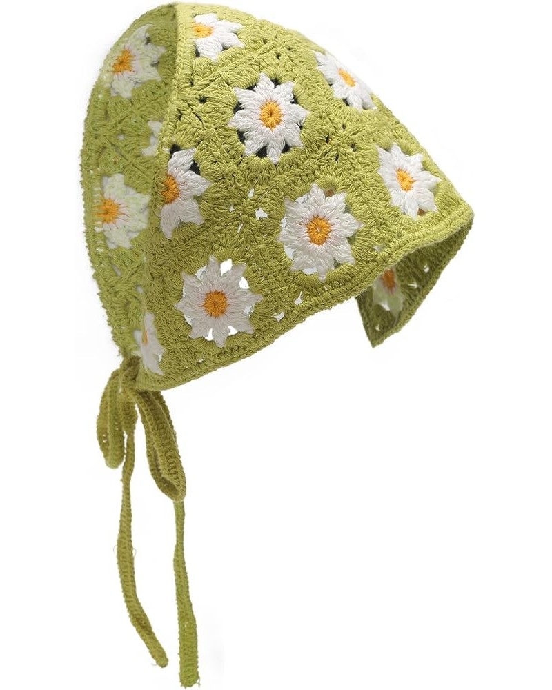 Women Cotton Triangle Head Scarf Crochet Hair Bandanas Handmade Kint Turban Sunflower Green $12.41 Headbands