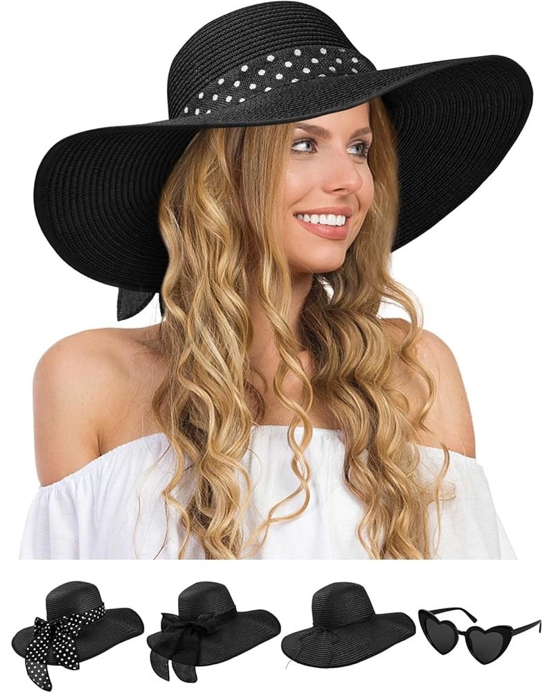 Womens Sun Hat - Wide Brim Floppy Beach Hats for Women Foldable Straw Hat with Heart Shaped Sunglasses UPF 50+ Black $12.74 S...