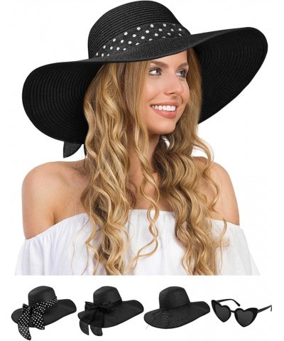 Womens Sun Hat - Wide Brim Floppy Beach Hats for Women Foldable Straw Hat with Heart Shaped Sunglasses UPF 50+ Black $12.74 S...