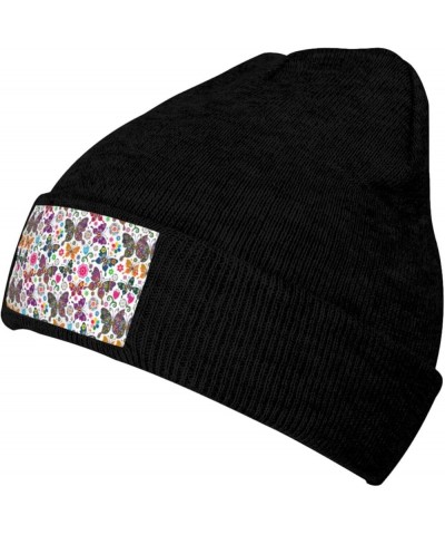 White Floral Pattern Colorful Butterflies Print Unisex Warm Knit Hat Cap Winter Cap Cute Soft Warm Outdoor Ski Knit Black $12...