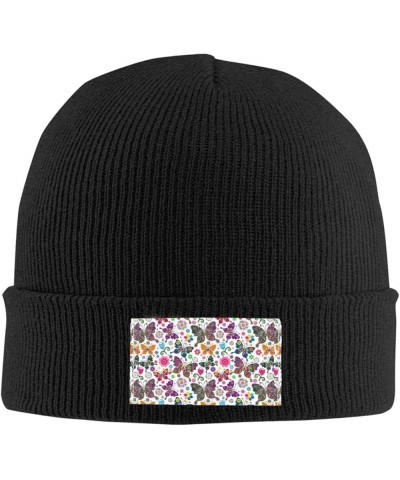 White Floral Pattern Colorful Butterflies Print Unisex Warm Knit Hat Cap Winter Cap Cute Soft Warm Outdoor Ski Knit Black $12...