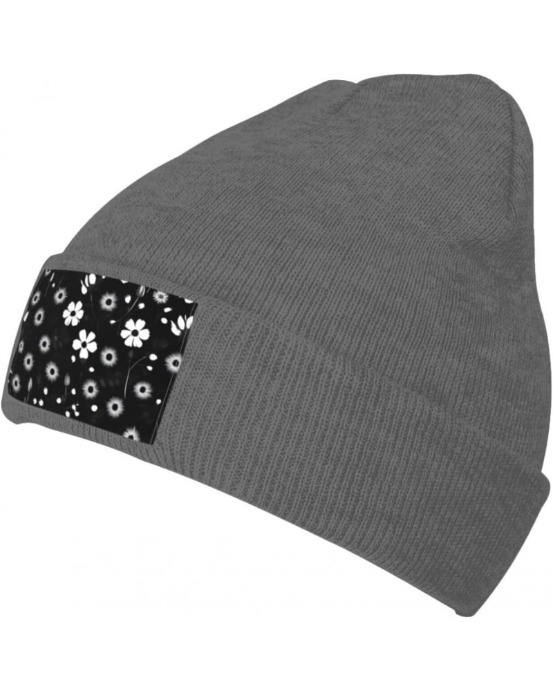 Black and White Floral Print Warm Knitted Hat, Neutral, Fashionable, Soft, Lightweight, Printed Fisherman Hat. $11.83 Skullie...