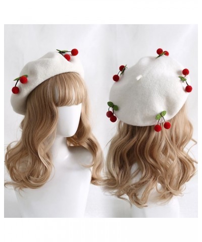 Beret Hat Women Wool Beret Cap with Cherry Decoration French Beret Cap for Female Casual Artist White and Red Wool Blend $17....