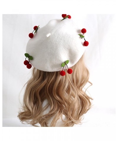 Beret Hat Women Wool Beret Cap with Cherry Decoration French Beret Cap for Female Casual Artist White and Red Wool Blend $17....