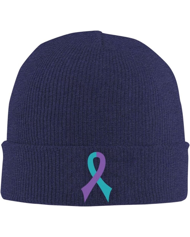 Suicide Prevention Awareness Ribbon Cozy Knitted Hat for Winter - Warm Comfort Black Navy Blue $11.94 Skullies & Beanies