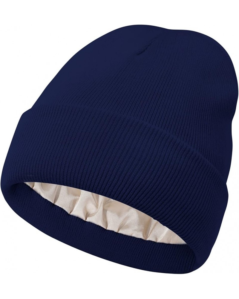 Satin Lined Beanie for Women Silk Lined Beanie Knit Winter Hats for Women Skull Cap Acrylic Soft Warm Beanie Hat Navy $7.79 S...