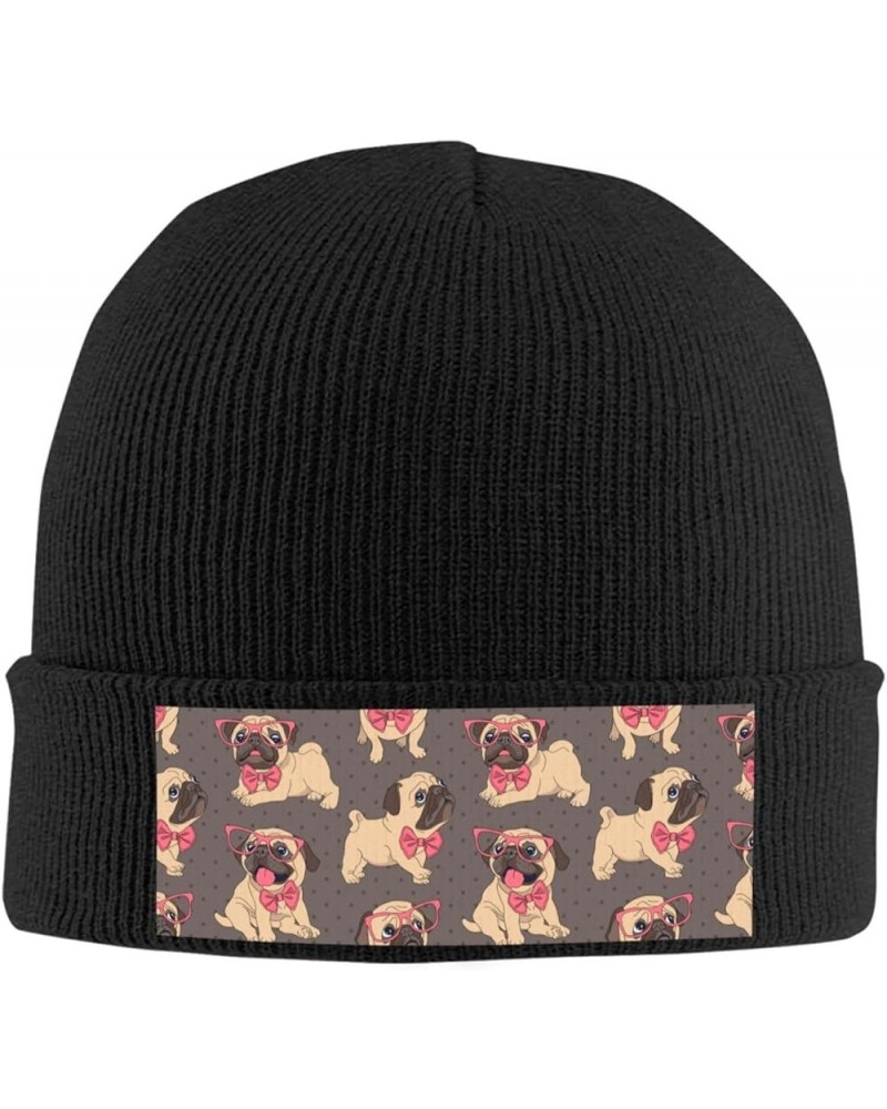 Pug Puppy in Glasses and Bow Tie Print Beanie Hat Funny Cuffed Cap for Men Women Hiking Black $10.26 Skullies & Beanies