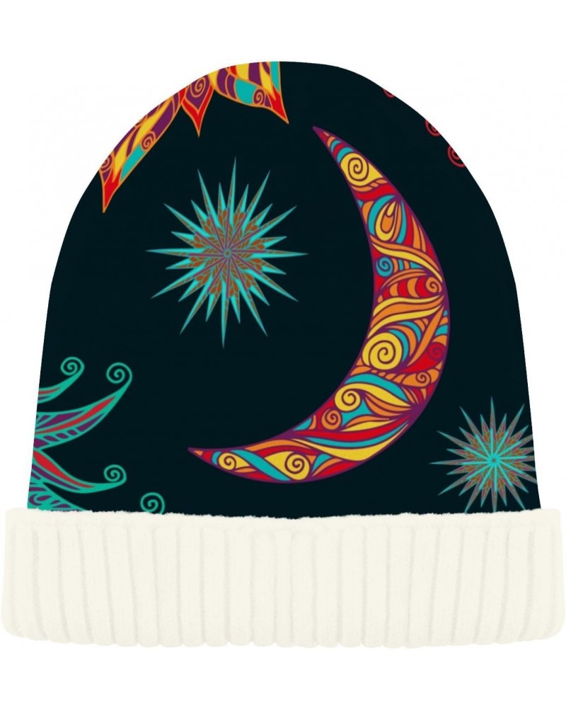 Sun Stars and Moon Beanie for Women Men Winter Hat Reversible Skull Cuffed Knit Cap, White Fluff $10.12 Skullies & Beanies