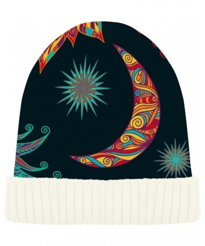 Sun Stars and Moon Beanie for Women Men Winter Hat Reversible Skull Cuffed Knit Cap, White Fluff $10.12 Skullies & Beanies