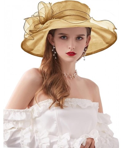 Women's Kentucky Derby Church Dress Hat Wide Brim Leaf Flower Bridal Shower Hat B5 Gold Classic $12.76 Sun Hats