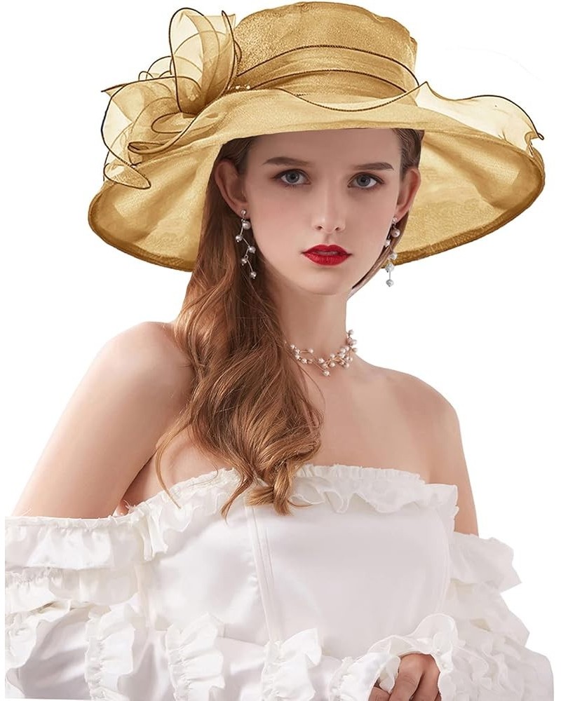 Women's Kentucky Derby Church Dress Hat Wide Brim Leaf Flower Bridal Shower Hat B5 Gold Classic $12.76 Sun Hats