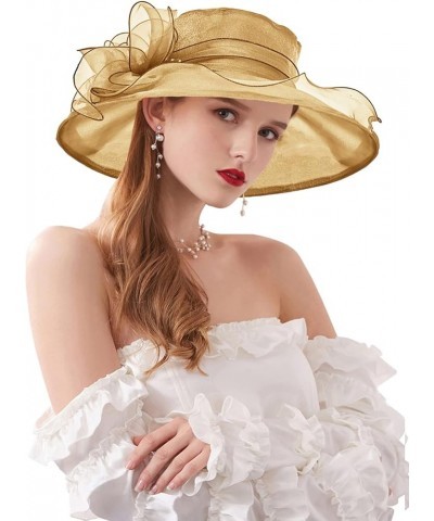 Women's Kentucky Derby Church Dress Hat Wide Brim Leaf Flower Bridal Shower Hat B5 Gold Classic $12.76 Sun Hats