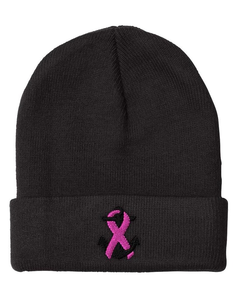 Custom Beanies for Men Breast Cancer Ribbon & Anchor Embroidery Winter Hats for Women Skull Cap 1 Size Black Design Only $11....