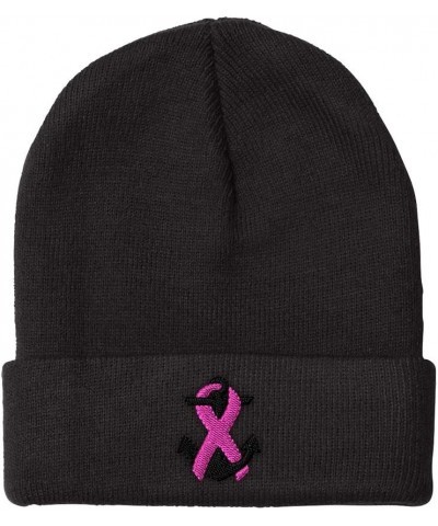 Custom Beanies for Men Breast Cancer Ribbon & Anchor Embroidery Winter Hats for Women Skull Cap 1 Size Black Design Only $11....