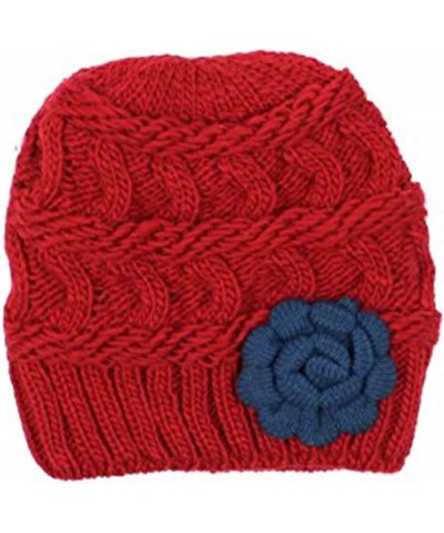 an Womens Warm Lined Flower Cable Knit Winter Beanie Hat Retro Chic Many Styles Burgundy Red With Blue Flower $12.89 Skullies...