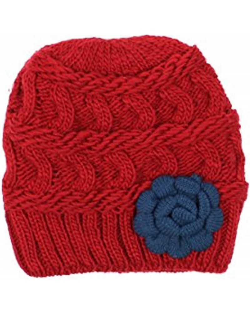 an Womens Warm Lined Flower Cable Knit Winter Beanie Hat Retro Chic Many Styles Burgundy Red With Blue Flower $12.89 Skullies...