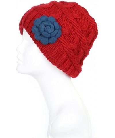 an Womens Warm Lined Flower Cable Knit Winter Beanie Hat Retro Chic Many Styles Burgundy Red With Blue Flower $12.89 Skullies...