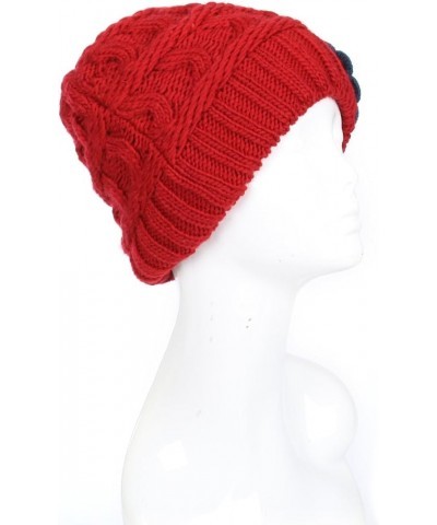 an Womens Warm Lined Flower Cable Knit Winter Beanie Hat Retro Chic Many Styles Burgundy Red With Blue Flower $12.89 Skullies...