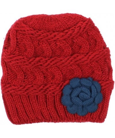 an Womens Warm Lined Flower Cable Knit Winter Beanie Hat Retro Chic Many Styles Burgundy Red With Blue Flower $12.89 Skullies...