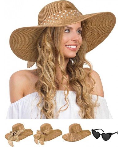 Womens Sun Hat - Wide Brim Floppy Beach Hats for Women Foldable Straw Hat with Heart Shaped Sunglasses UPF 50+ Khaki $12.74 S...