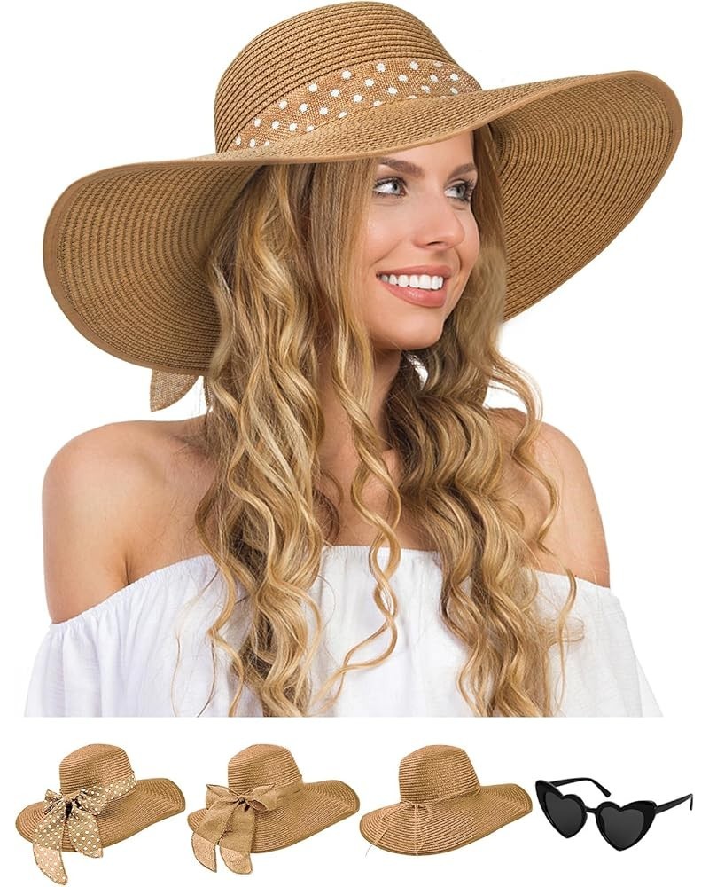 Womens Sun Hat - Wide Brim Floppy Beach Hats for Women Foldable Straw Hat with Heart Shaped Sunglasses UPF 50+ Khaki $12.74 S...