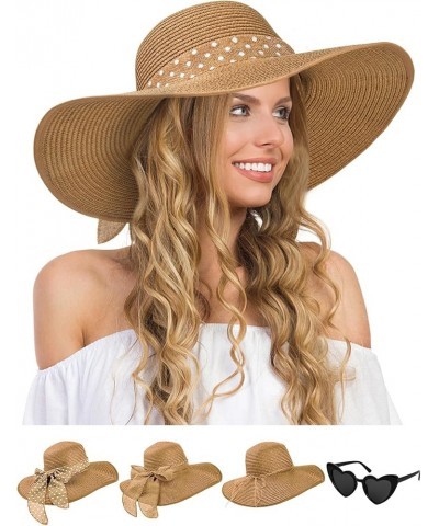 Womens Sun Hat - Wide Brim Floppy Beach Hats for Women Foldable Straw Hat with Heart Shaped Sunglasses UPF 50+ Khaki $12.74 S...