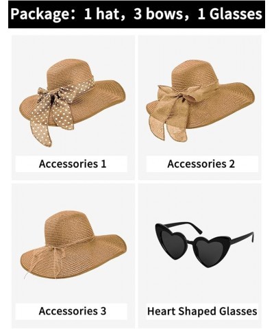 Womens Sun Hat - Wide Brim Floppy Beach Hats for Women Foldable Straw Hat with Heart Shaped Sunglasses UPF 50+ Khaki $12.74 S...