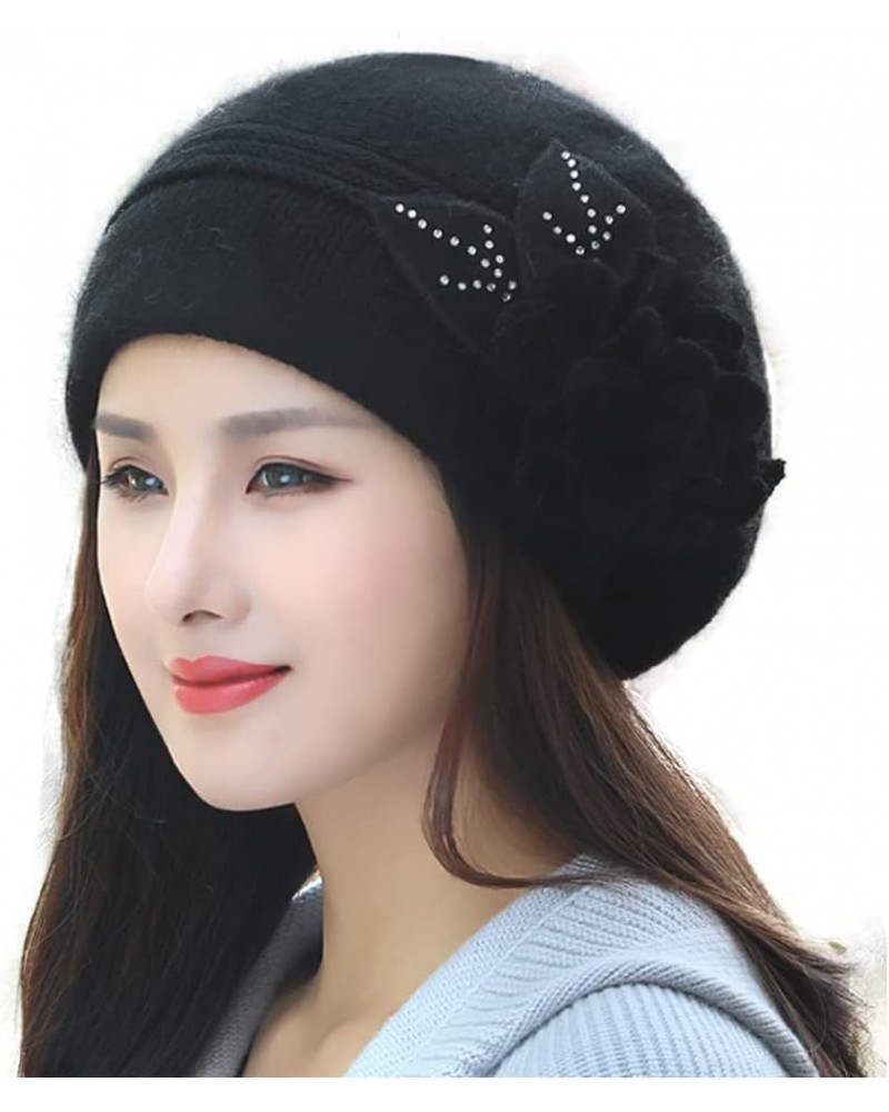 FADVES Winter Hats for Women Beanies Rabbit Fur Knitted Hat with Rhinestones A Black $12.58 Skullies & Beanies