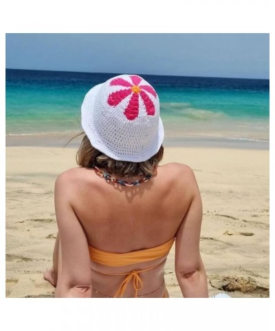 Elegant Bucket Hat Colorful Handmade Crochet Hat Flower Decors Vacation Hat Breathable Knitted Bucket Hat for Women Wy $11.52...